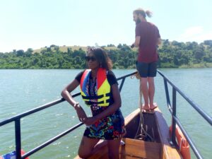 Lorna and friend on the boat